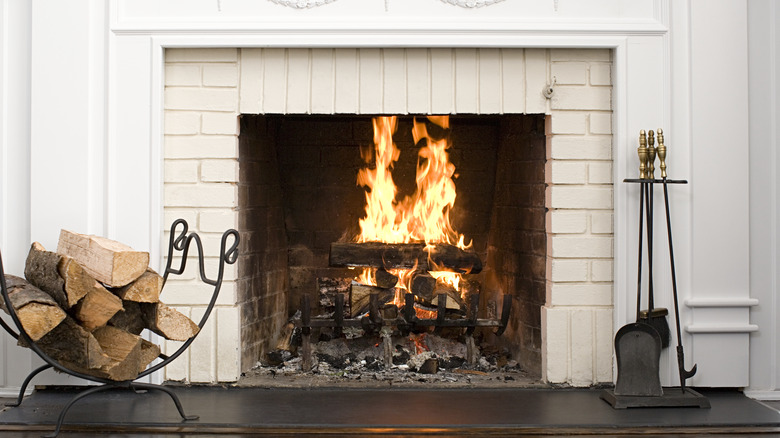 Fireplace with wood fire burning