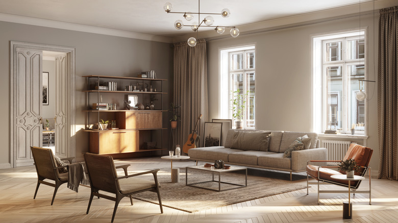 living room with statement lighting