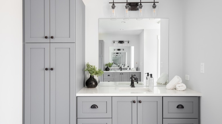 White marble countertop in a modern luxury bathroom.