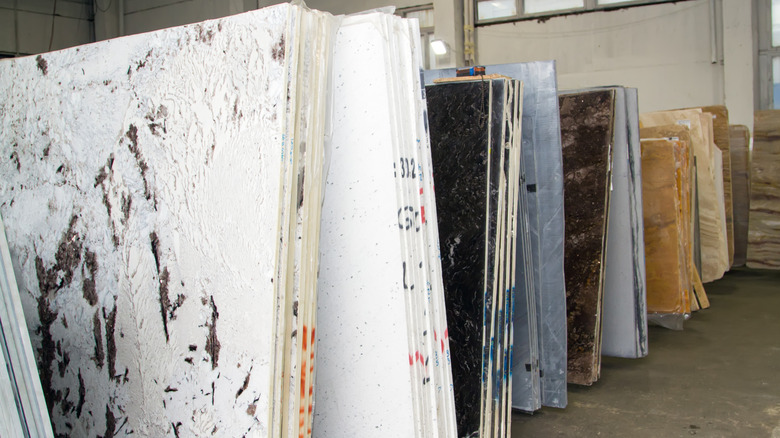 Different slabs of granite in a showroom
