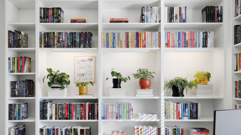 A large white bookshelf with different sized cubbies