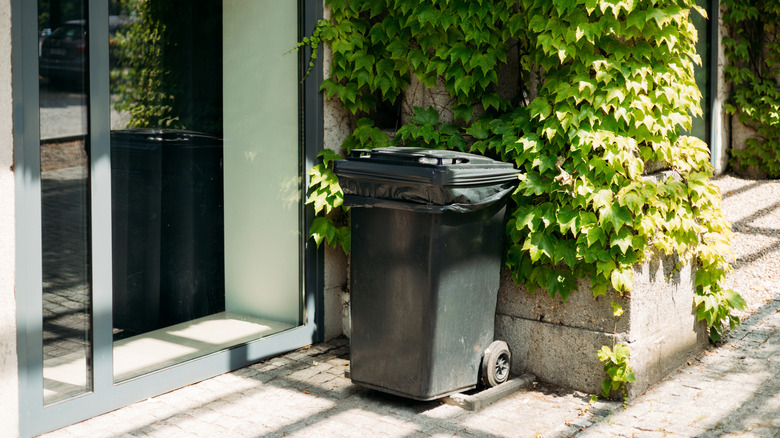 Trash can sitting next to a house
