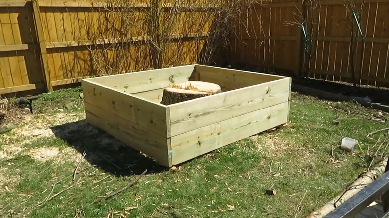 A tree stump in the middle of a wood planter box