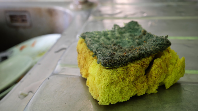 A dirty, ripped sponge sits next to a pile of dishes in the sink.