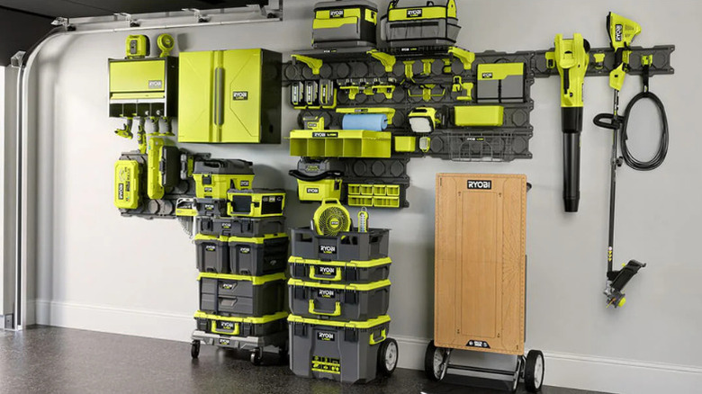 A garage wall well organized with Ryobi's LINK storage system