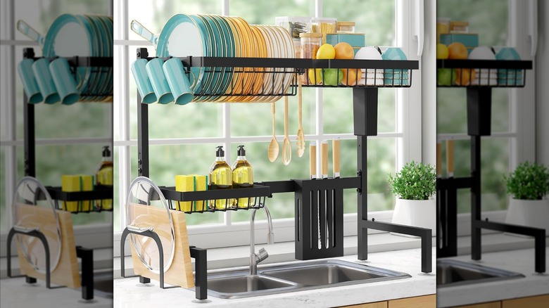 colorful plates and other kitchen items on Amazon's over-the-sink drying rack