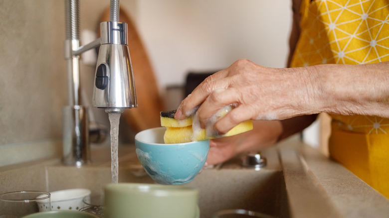 Old woman washing bowl in kitchen sink