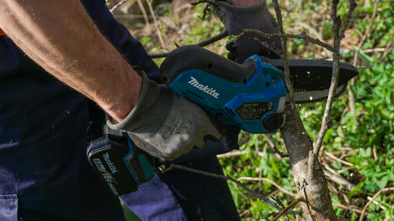 A person using a Makita pruning saw to cut branches