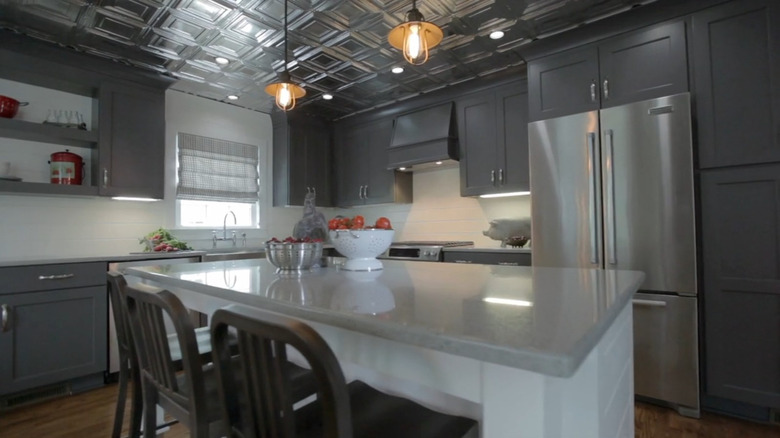 Grey industrial farmhouse kitchen interior.