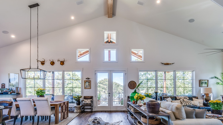 Modern Hill Country-style house interior with large windows and high ceiling