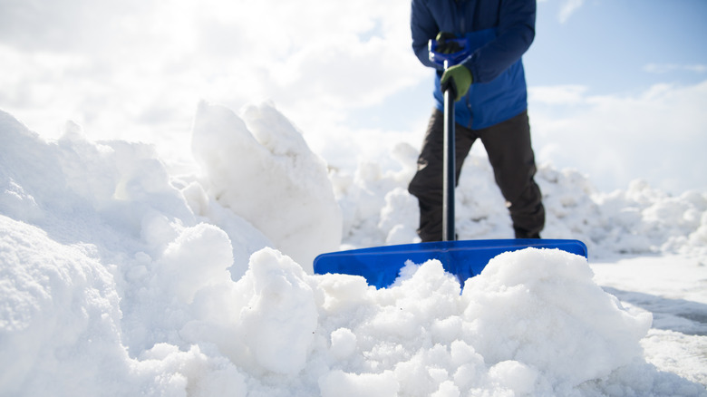 A person shoveling deep snow with a large, blue snow shovel