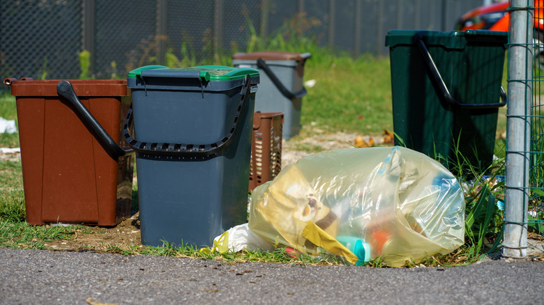 Overflowing outdoor trash cans