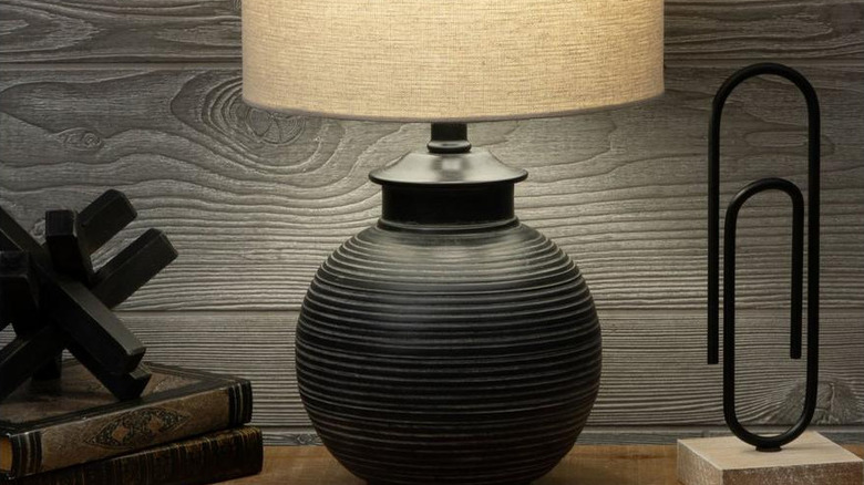 Black ribbed table lamp from Hobby Lobby with cream shade