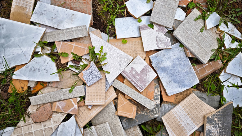 Pieces of leftover tiles outside
