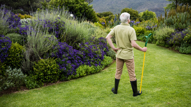 A gardener stands on his lawn holding a gardening tool in one hand and looking out over the landscape.