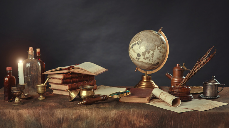 table with antique items