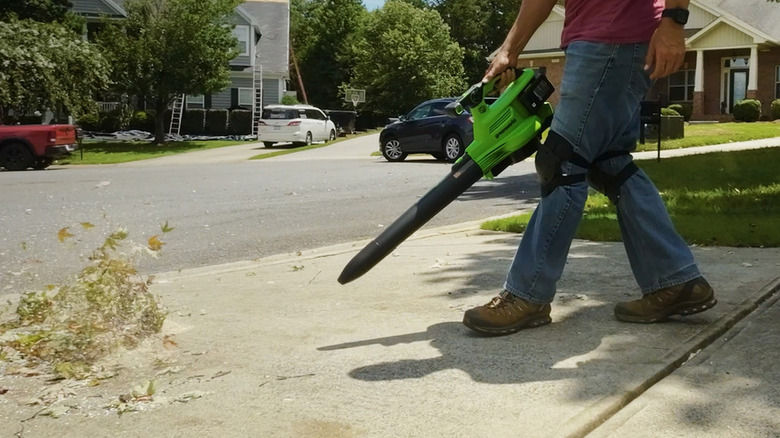 A man blowing leaves with a Greenworks blower/vacuum