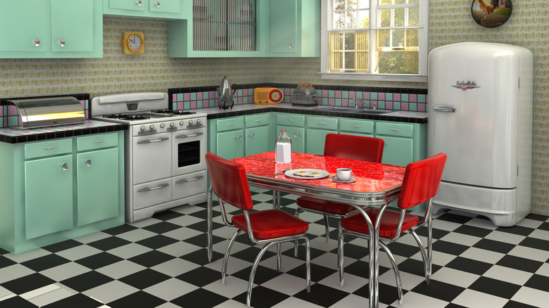 This iconic kitchen look features formica, chrome, and linoleum.