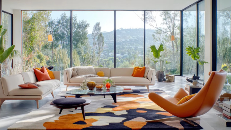 This retri-style home boasts windows that are nearly floor-to-ceiling.