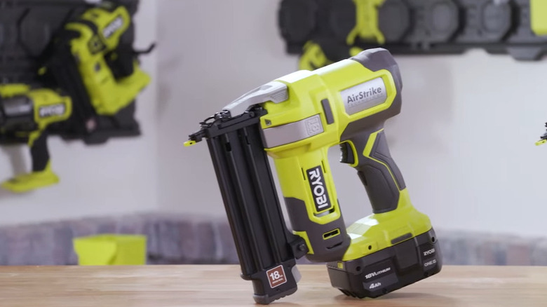 View of a Ryobi AirStrike Brad Nailer on a wood table