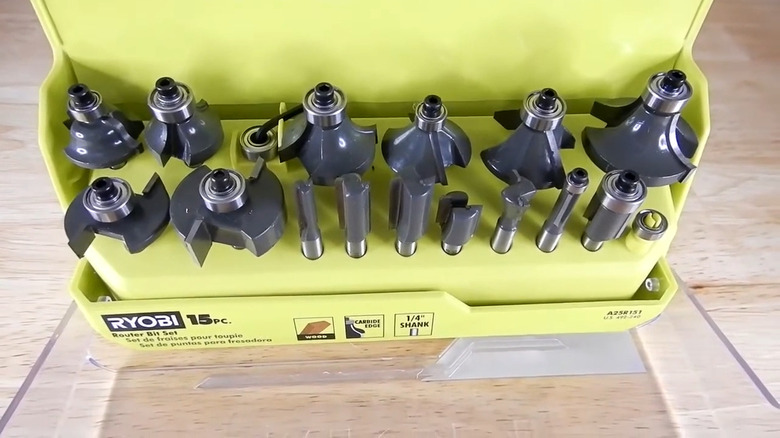 Top-down view of Roybi 15 piece carbide router set
