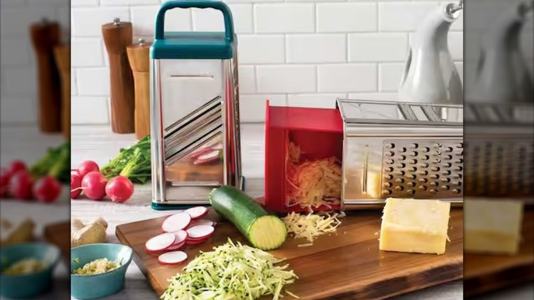 Rachael Ray grater being used for cheese and vegetables
