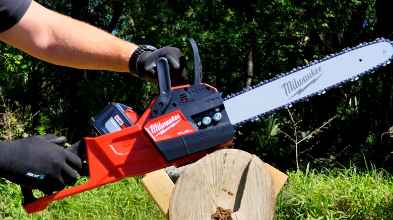 a person holding up a chainsaw in front of a log outdoors
