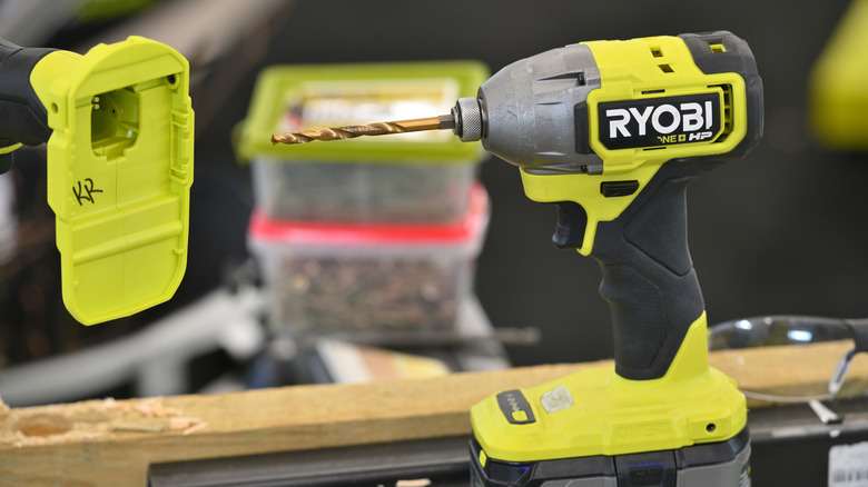Ryobi drill on a workbench