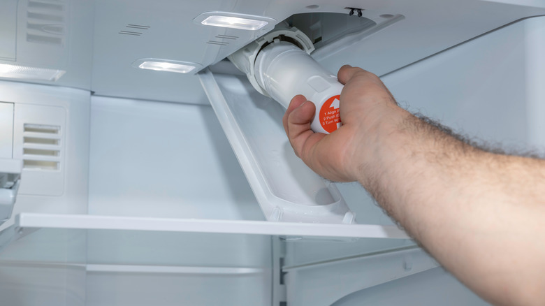 Person's hand installing refrigerator filter