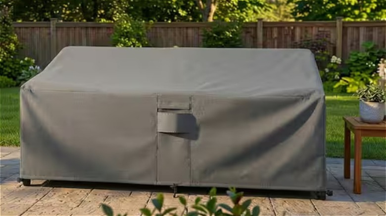 An outdoor sofa is covered by a durable waterproof cover.