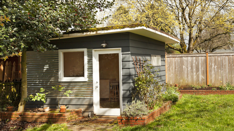 outdoor shed with landscaping