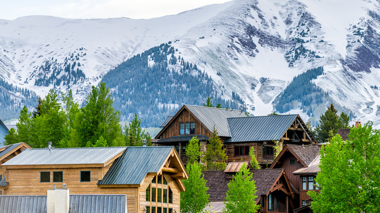 Log homes and snowy mountain