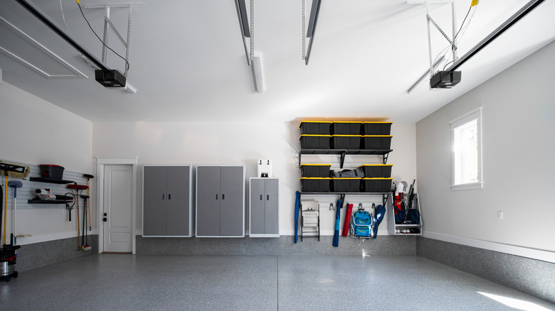 Wall-mounted shelves in a garage