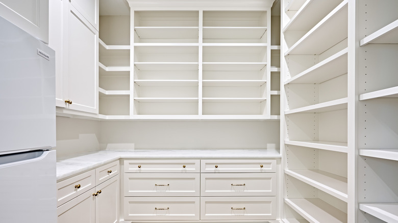 A spacious walk-in pantry with built-in shelving and drawers