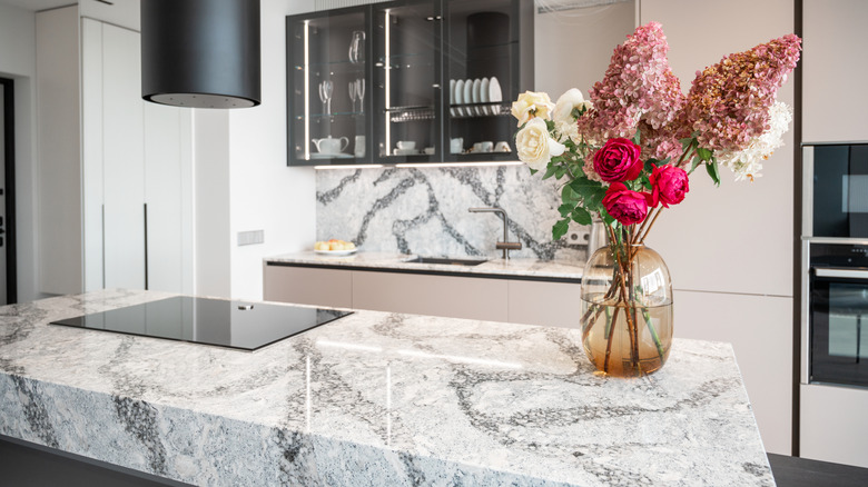 A modern kitchen with busy gray countertop