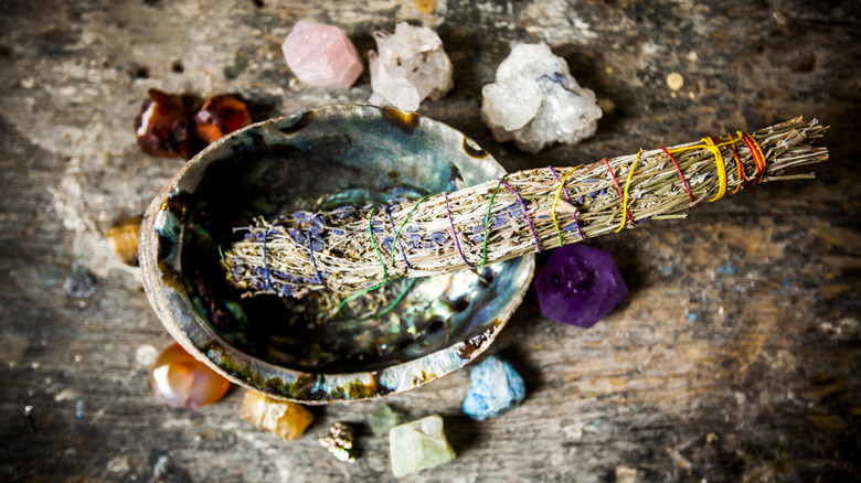 Lavender smudge bundle in abalone shell
