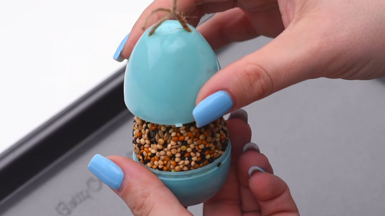 A close up of hands holding birdseed eggs.