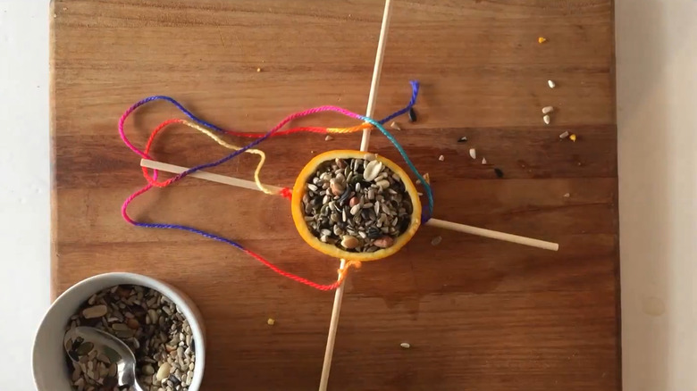 A halved orange filled with seeds and supported by dowels and colorful string.
