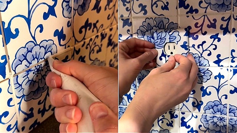 Split image of a person applying caulk to kitchen tiles, and placing the outlet cover with the new pattern