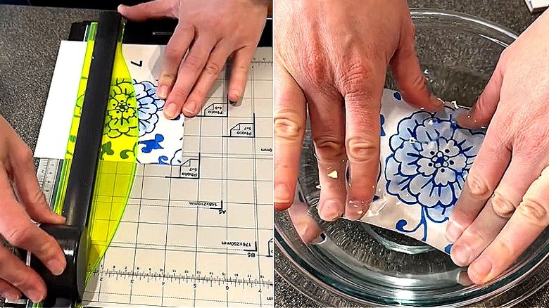 Split image of a person using a paper cutter to create design squares, and hands dipping the designs in water
