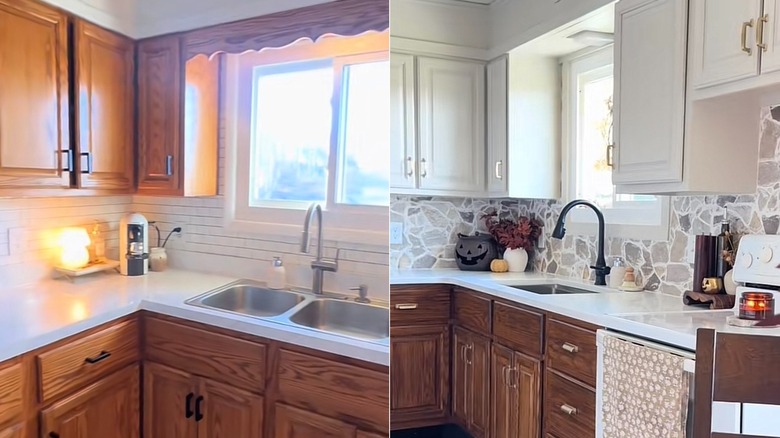 Before and after photos of a homeowner's '90s kitchen transformation