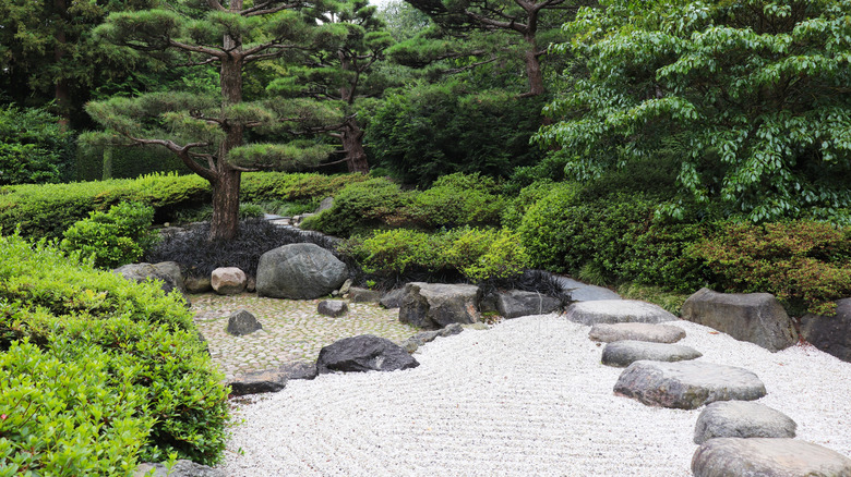 A close up on the corner of a Japanese style garden.