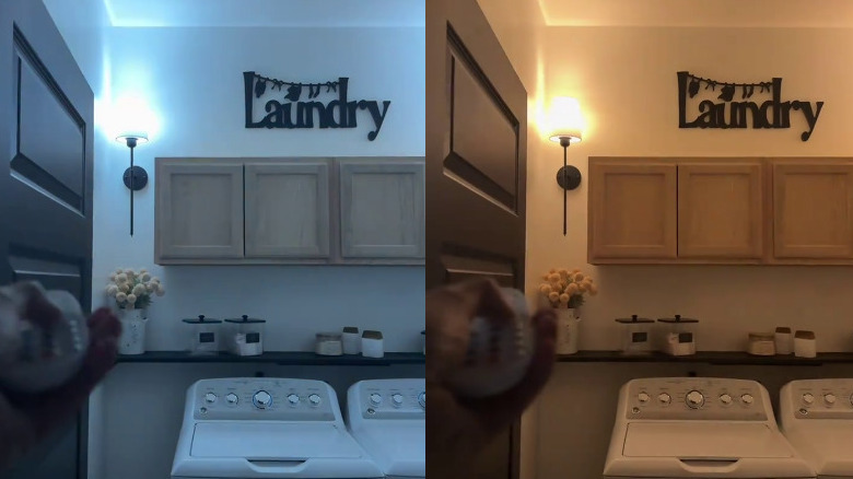 Two images of the same laundry room; left: with cool lighting, right: with warm lighting
