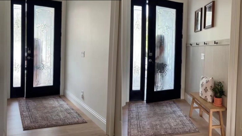 Split before-and-after image of plain entryway and cute entryway