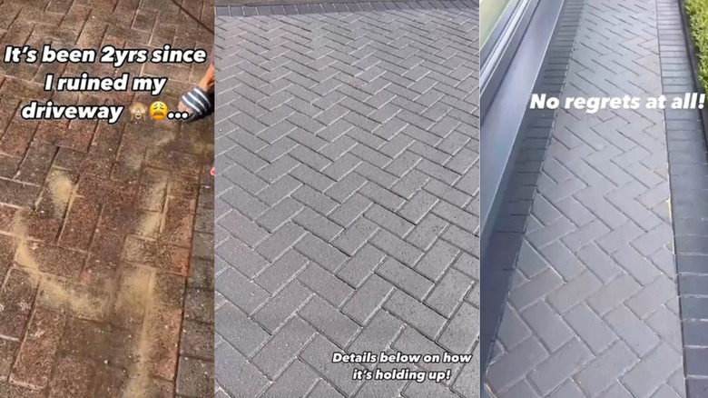 An image of a driveway paver makeover from brown to gray side by side