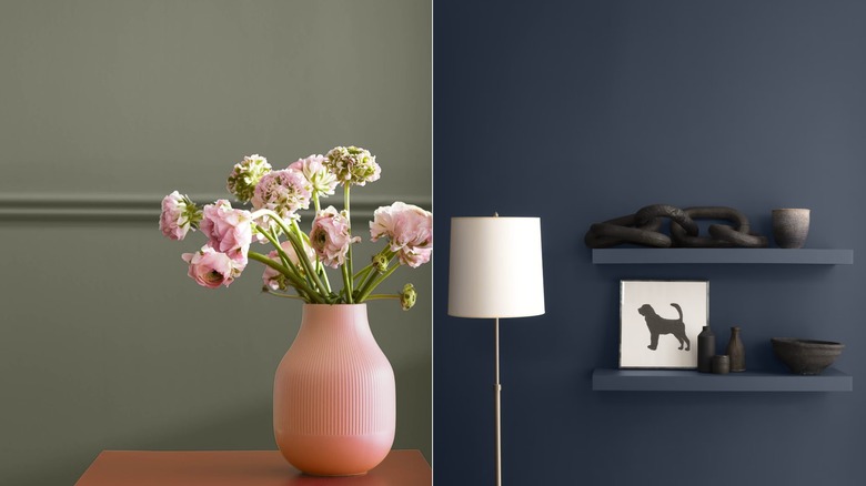 Pink flowers in a pink vase in front of a wall painted Benjamin Moore's Antique Pewter / A lamp and two floating shelves with decor in front of a wall painted Benjamin Moore's Hale Navy