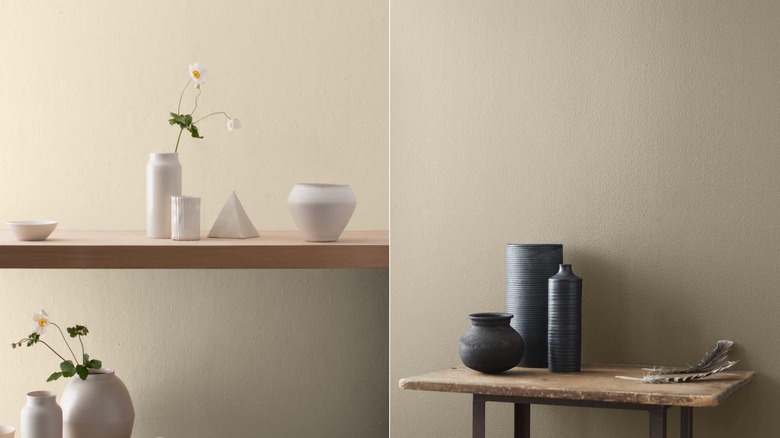 Neutral-colored vases on a wood table in front of a wall painted in Benjamin Moore's Manchester Tan / Wood table with black vases in front of a wall painted with Pashmina.