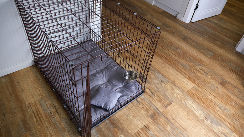 Traditional wire dog crate in a home.
