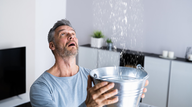 Man holding a bucket to catch a roof leak