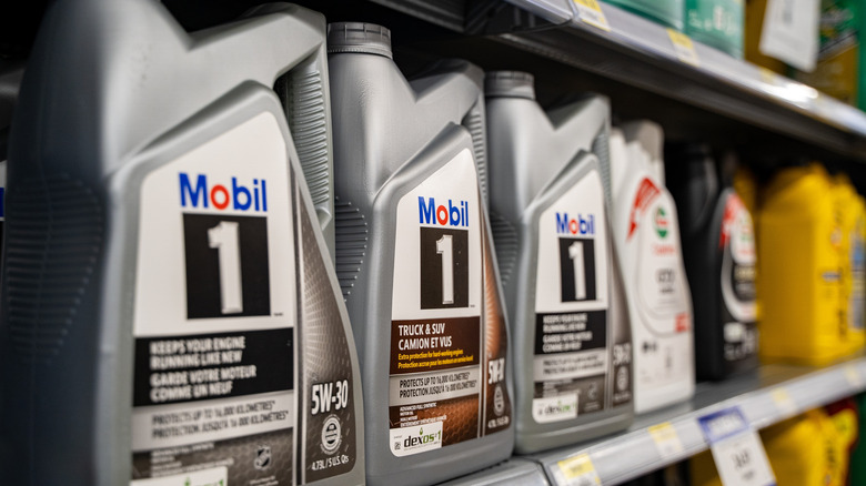motor oil bottles on a store shelf